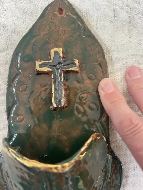 Green and Gold heart and cross holy water font