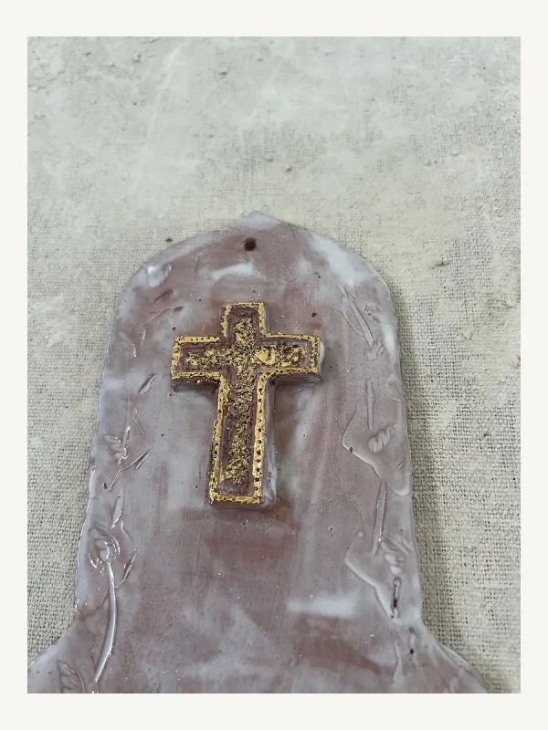 White and gold shell and cross holy water font